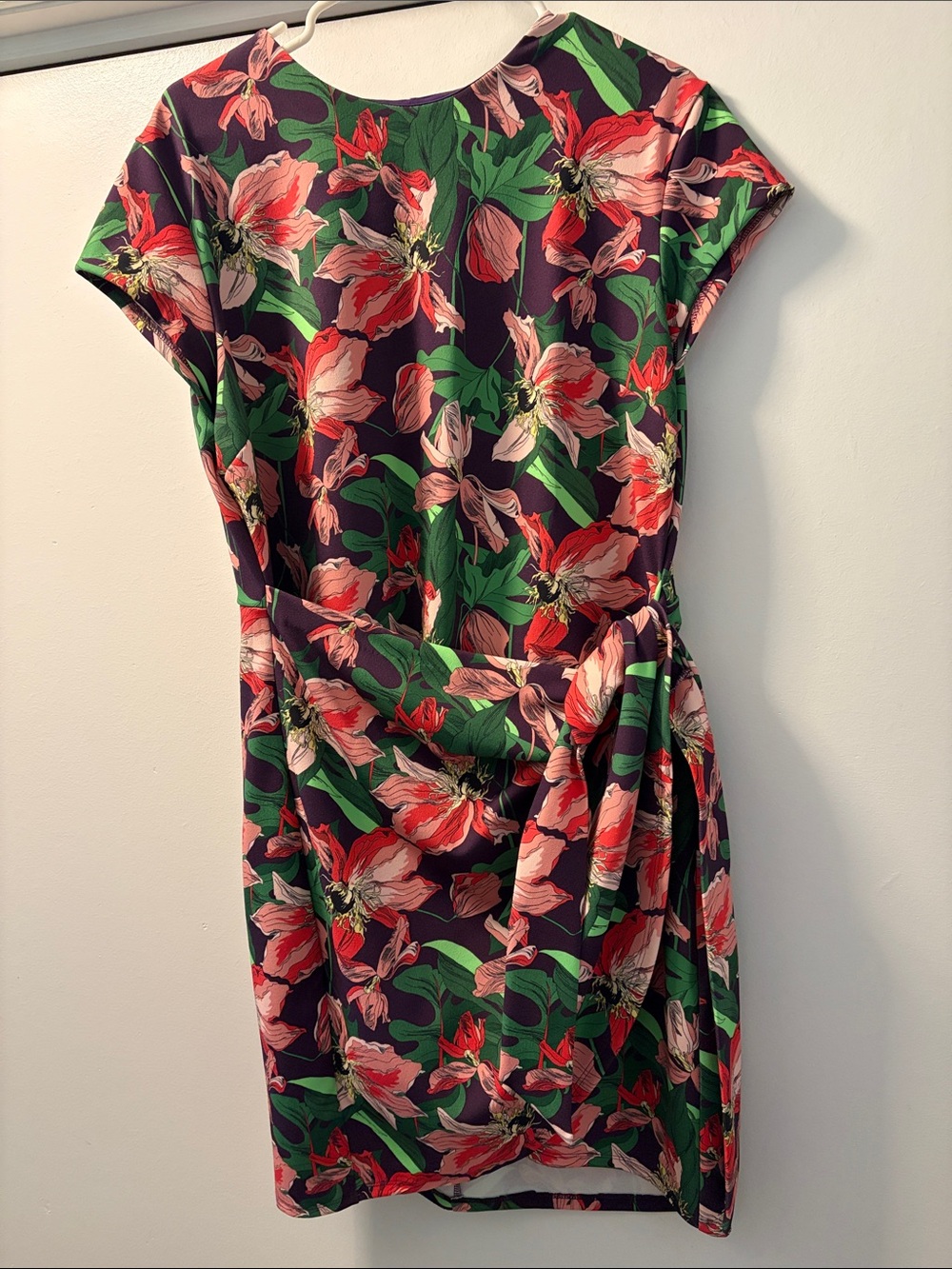 Floral Sheath Dress with Tie Waist - Pink & Green